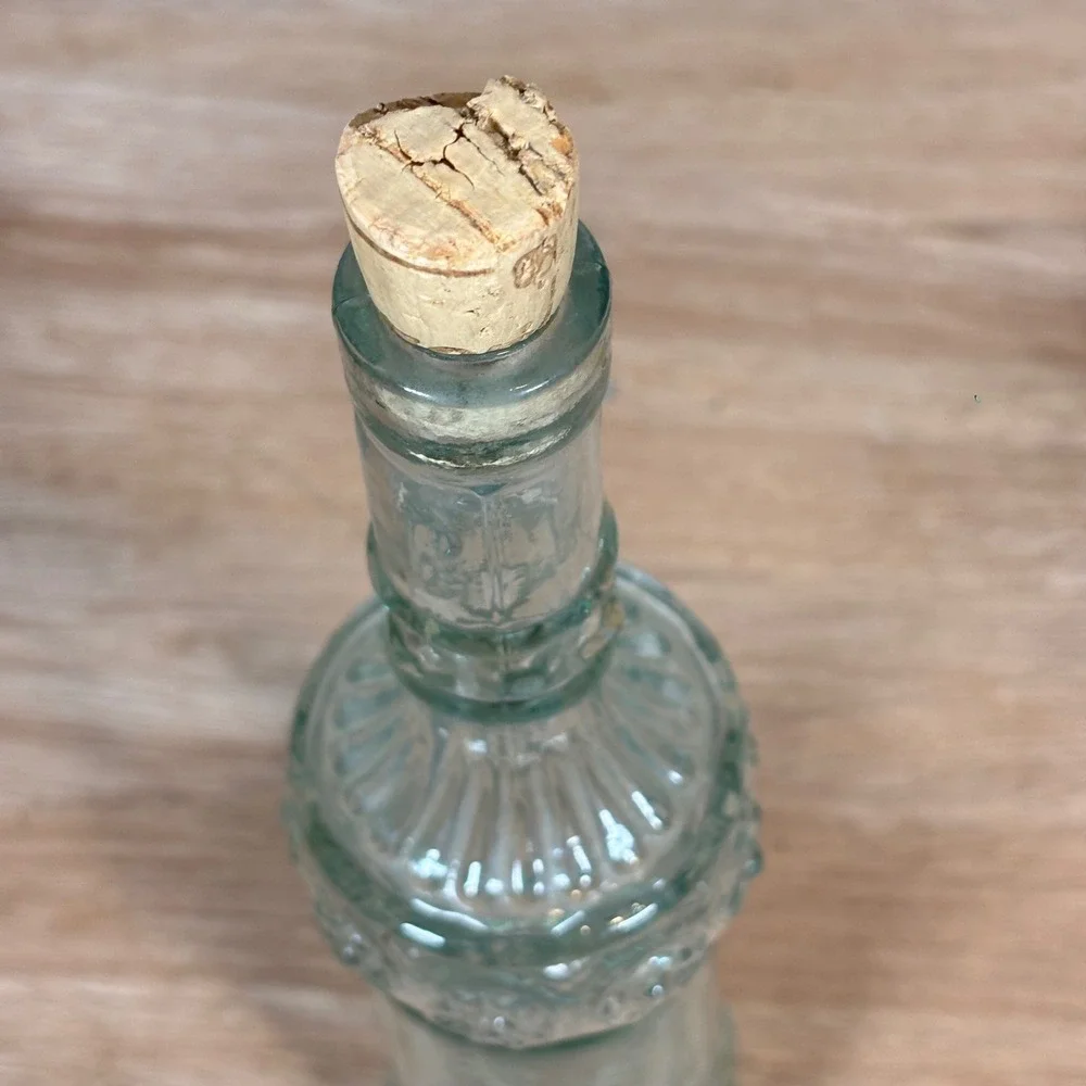 Vintage Embossed Floral Glass Bottle with Cork Stopper Tall Decorative Decanter